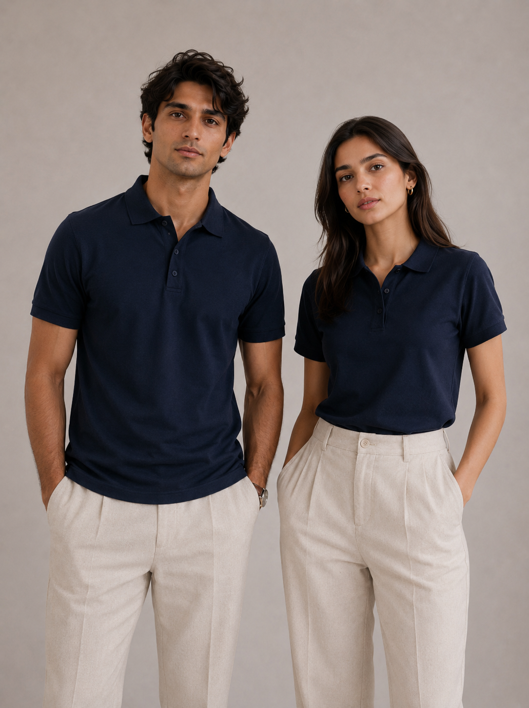 Matching midnight navy Airtex polo shirt set, couple front view, clean tailored silhouettes