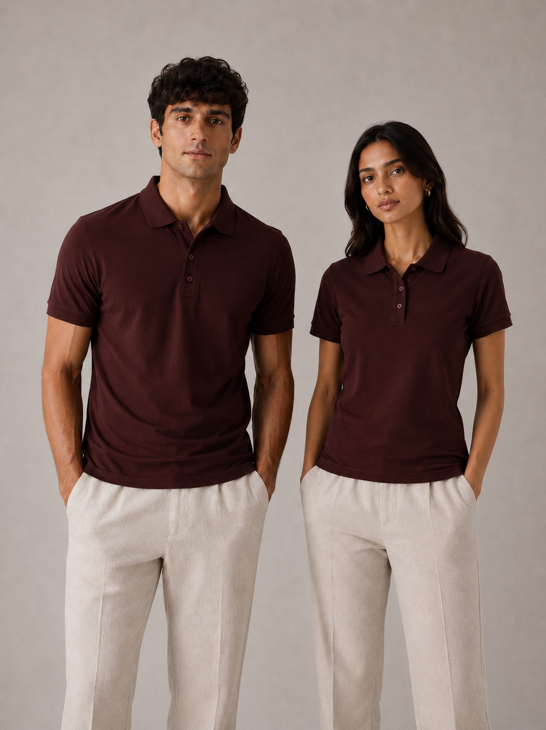 Matching maroon Cotton Airtex polo shirt set, couple front view, tailored male and female fit