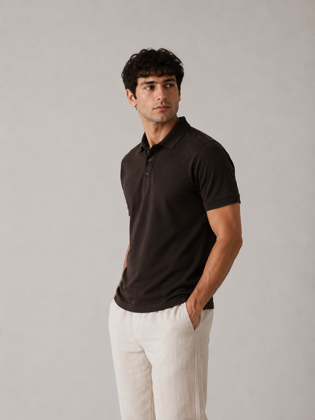 Men’s coffee brown cotton polo shirt, side view on model, relaxed-tapered tailored fit