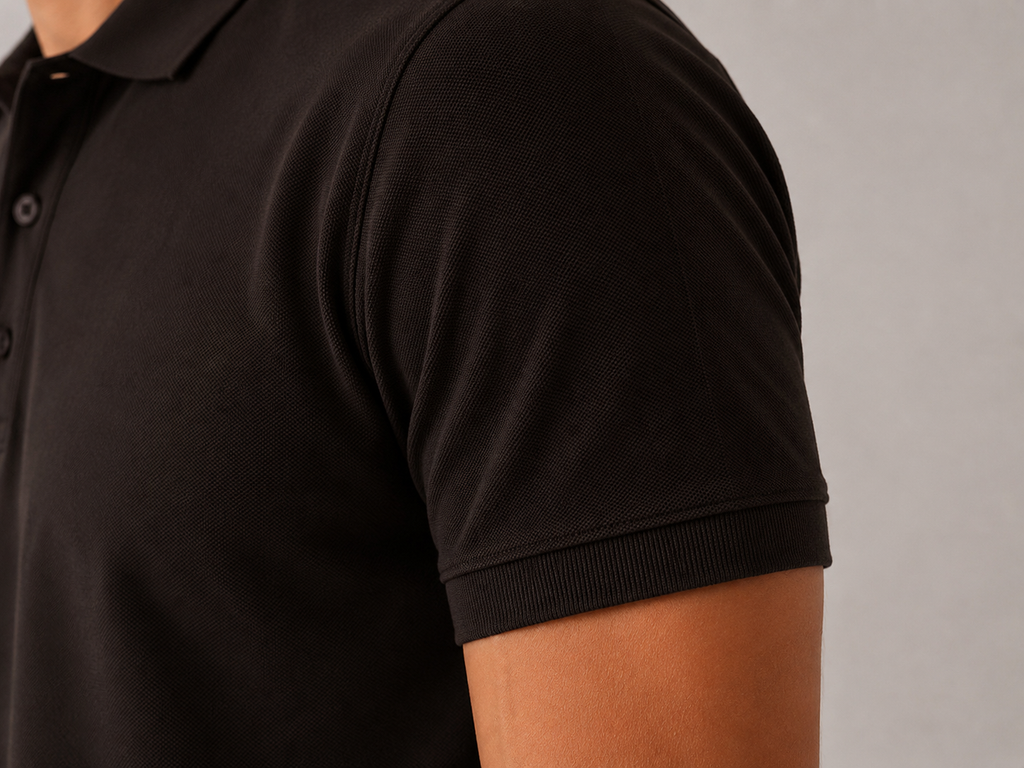 Men’s coffee brown polo shirt, angled close-up view, 220 GSM Airtex piqué weave and stitching