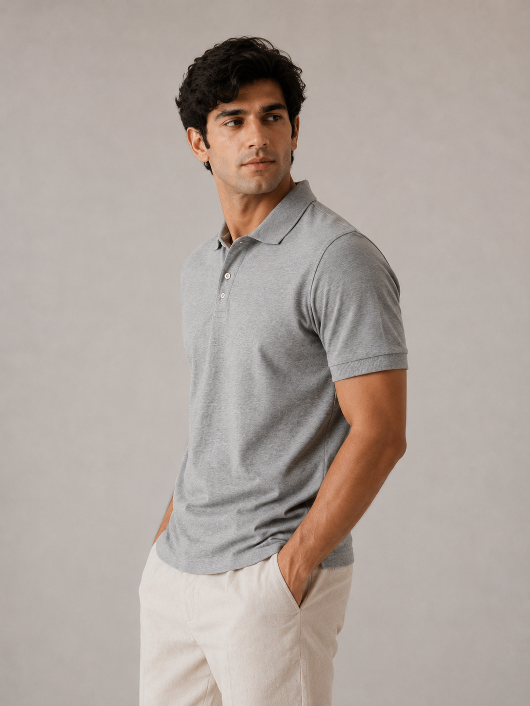 Men’s heather grey polo shirt, side view on model, relaxed-tapered fit and ribbed bicep cuff