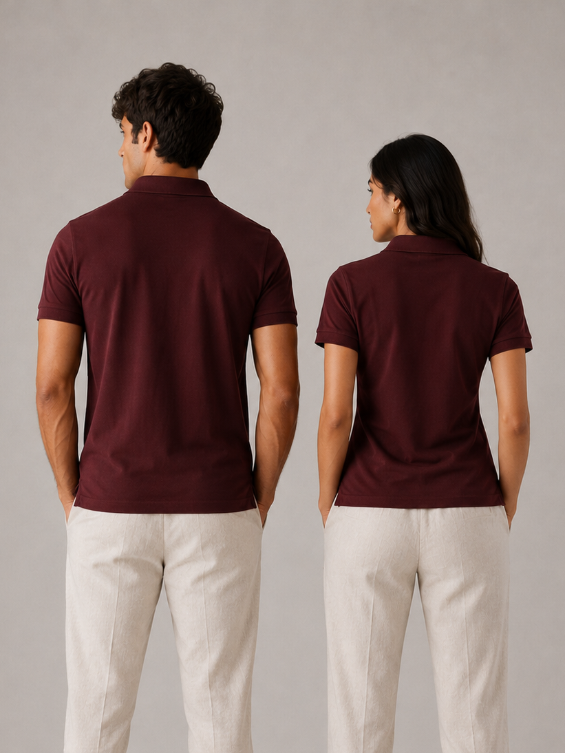 Matching maroon couple polo shirts, front portrait view on models, minimal logo-free design