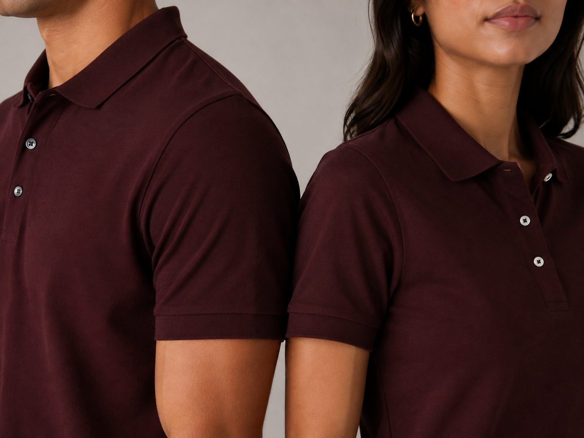 Matching burgundy polo shirts set, close-up view, 220 GSM Airtex piqué texture and collars