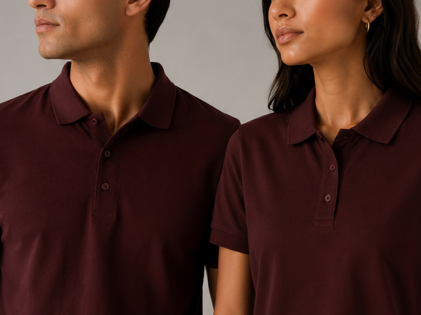Maroon Cotton Airtex polo pair, three-quarter view on couple, coordinated founder styling