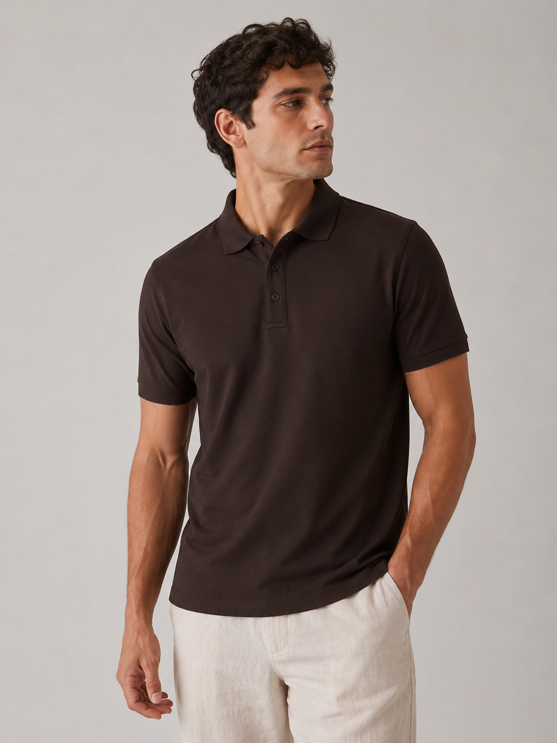 Men’s espresso brown Airtex polo shirt, front view on model, stay-flat collar and clean placket