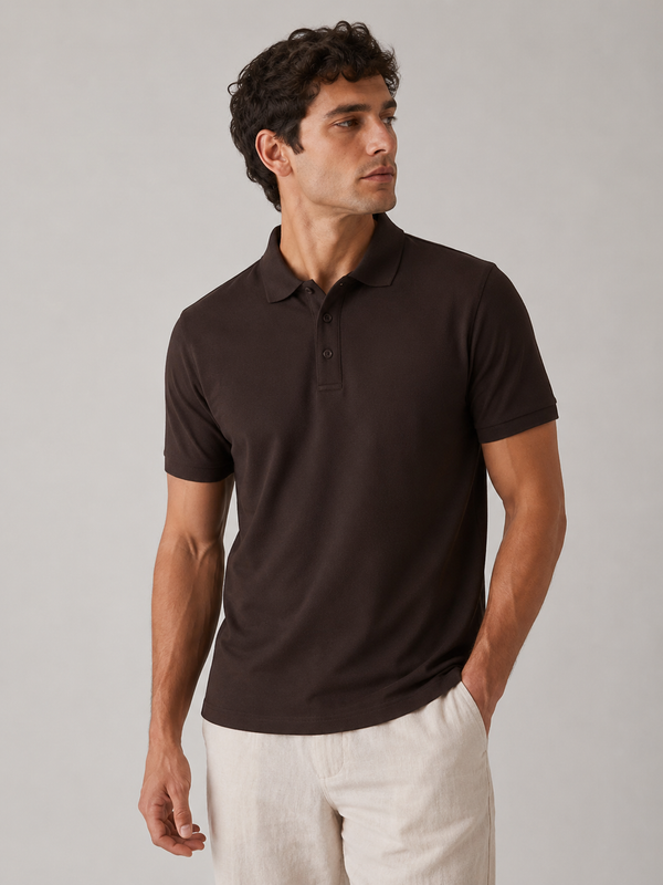 Men’s espresso brown Airtex polo shirt, front view on model, stay-flat collar and clean placket