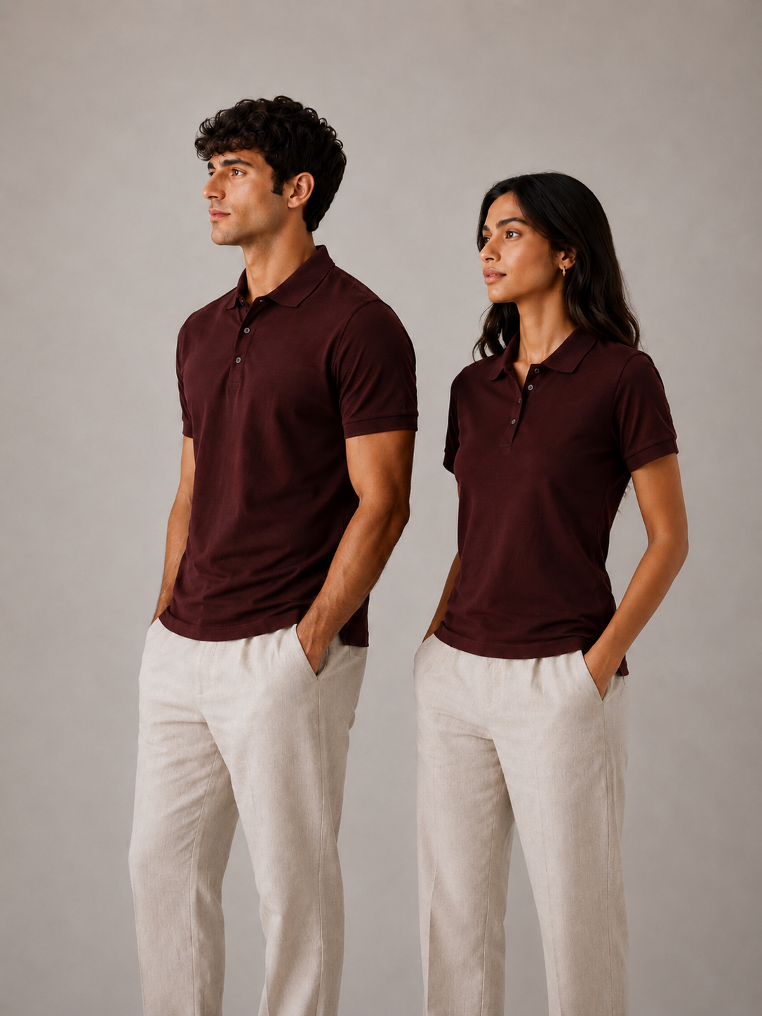 Couple’s burgundy polo shirt pair, side lifestyle view, clean structured anti-curl collars