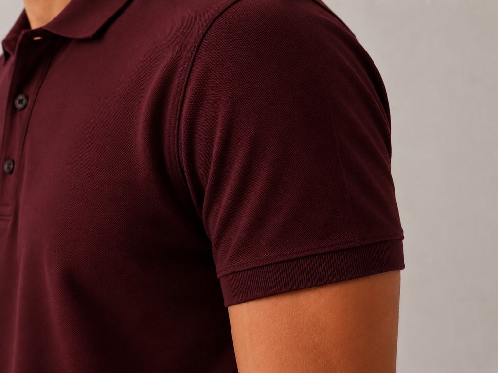 Men’s burgundy Airtex polo shirt, flat lay front view, architectural collar on studio background
