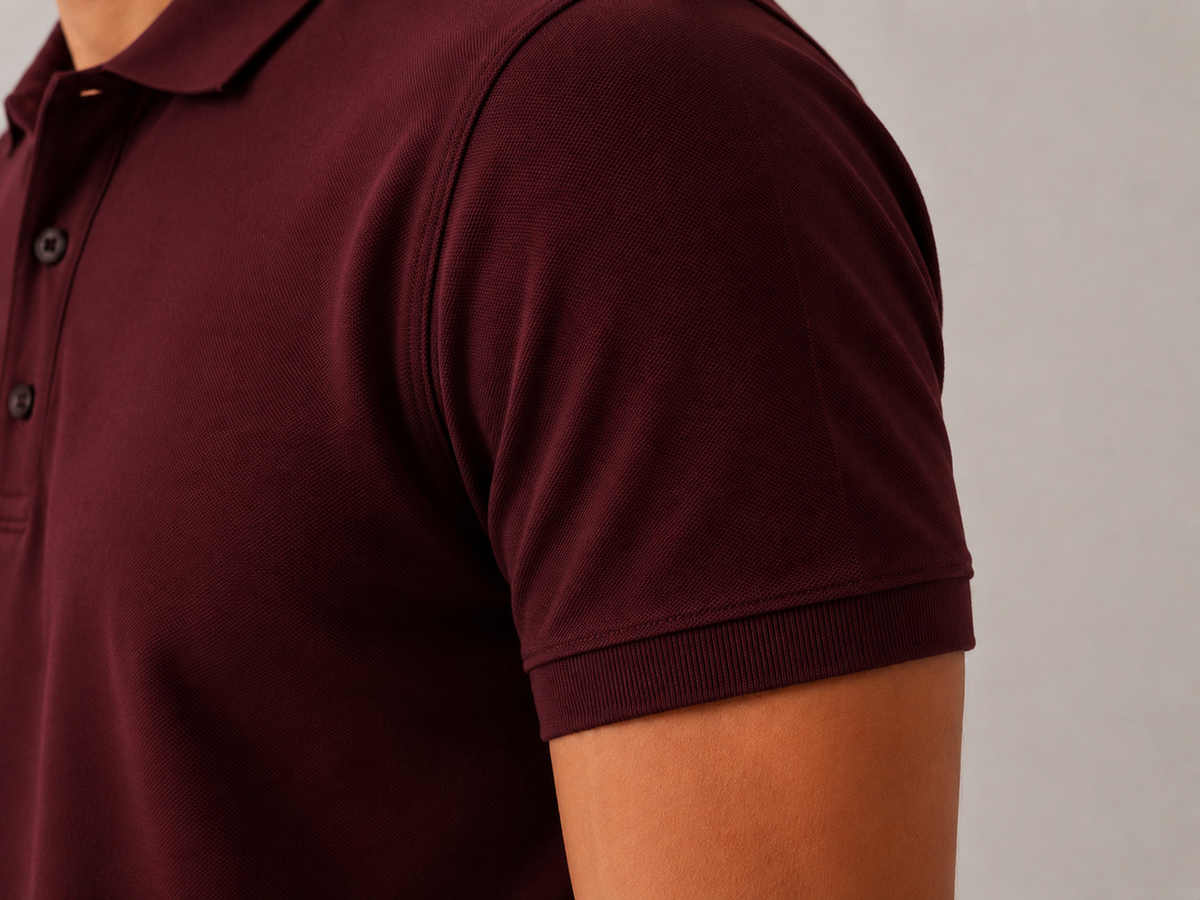Men’s burgundy Airtex polo shirt, flat lay front view, architectural collar on studio background