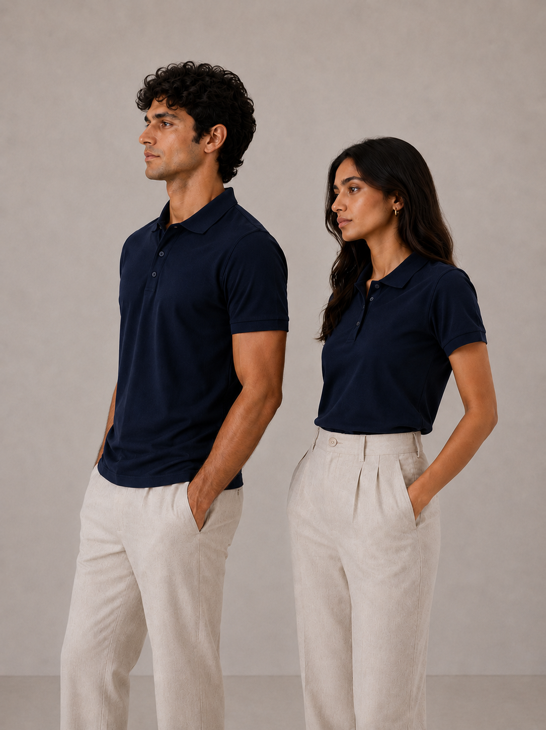 Couple’s navy blue polo shirt pair, lifestyle front angle on models, structured spread collars