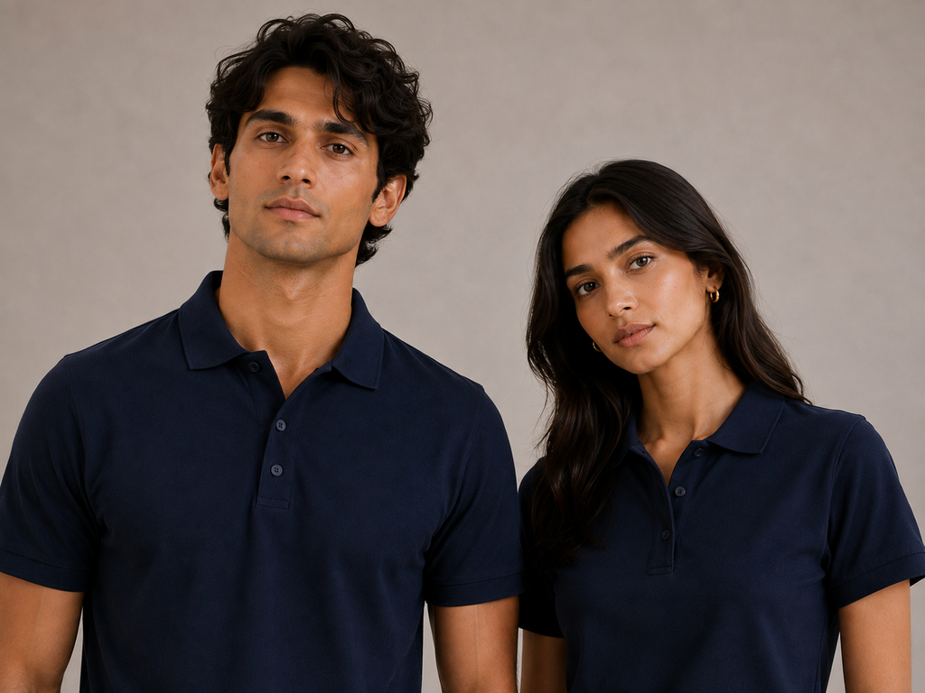 Midnight navy polo pair for couples, three-quarter view on models, coordinated minimalist style