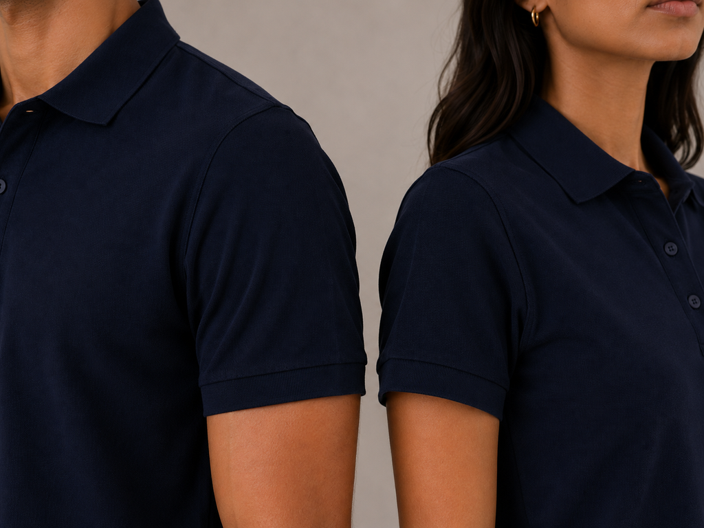 Matching navy Airtex polo shirt set, close-up view, 220 GSM piqué knit and clean collar finish
